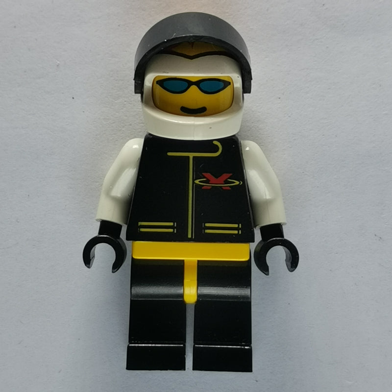 fig-000755 – Racer, Extreme Team, Black Jacket, Black Legs, White Helmet with Flames and Visor, Blue Sunglasses