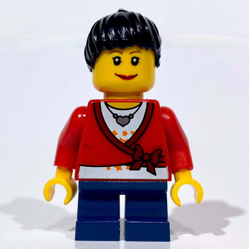 fig-000765 – Girl, Cardigan Tied with Bow, Necklace, Short Dark Blue Legs
