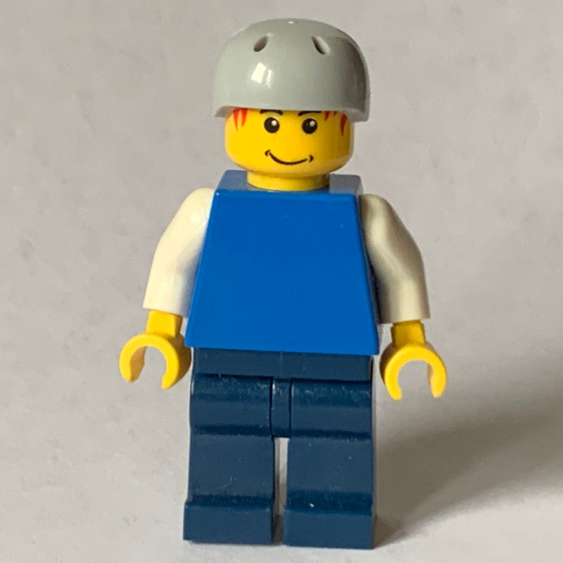 fig-000776 – Man, Plain Blue Torso with White Arms, Dark Blue Arms, Light Bluish Gray Helmet