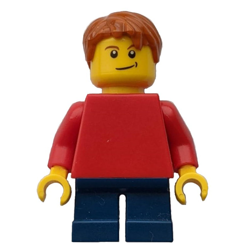 fig-000777 – Boy, Plain Red Torso, Short Dark Blue Legs, Dark Orange Hair