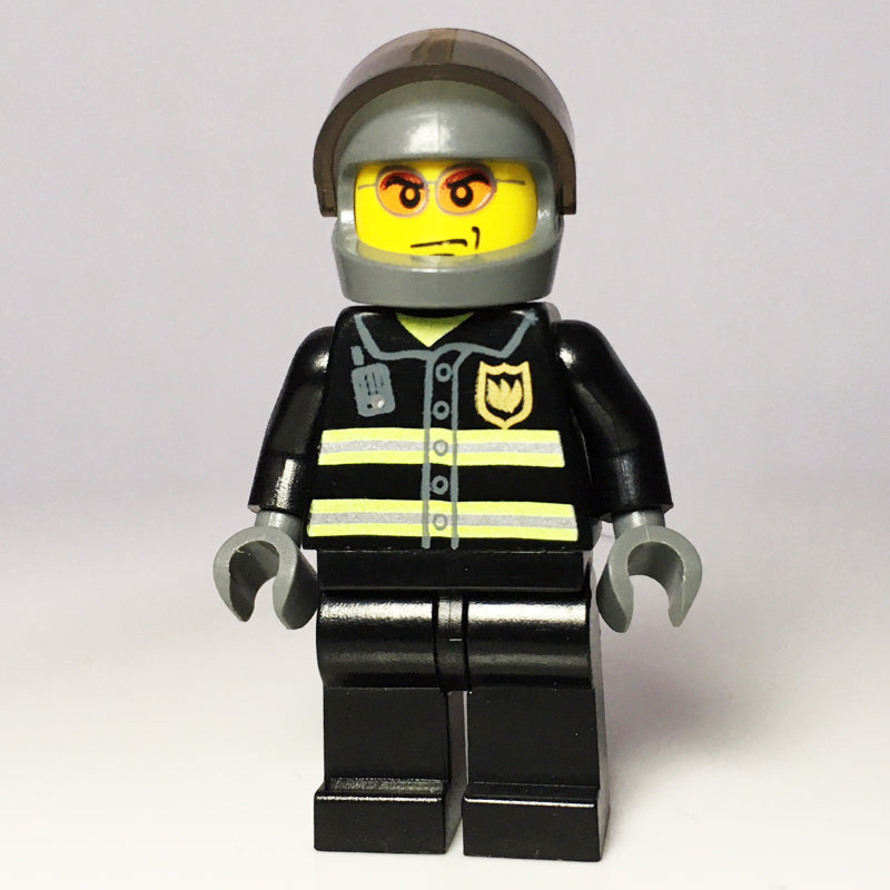 fig-000779 – Fireman, Black Fire Jacket with Reflective Stripes, Radio, and Badge, Dark Bluish Gray Helmet with Visor, Orange Sunglasses