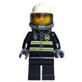fig-000780 – Fireman, Black Fire Jacket with Reflective Stripes, Radio, and Badge, White Helmet, Breathing Apparatus, Airtanks, Orange Sunglasses