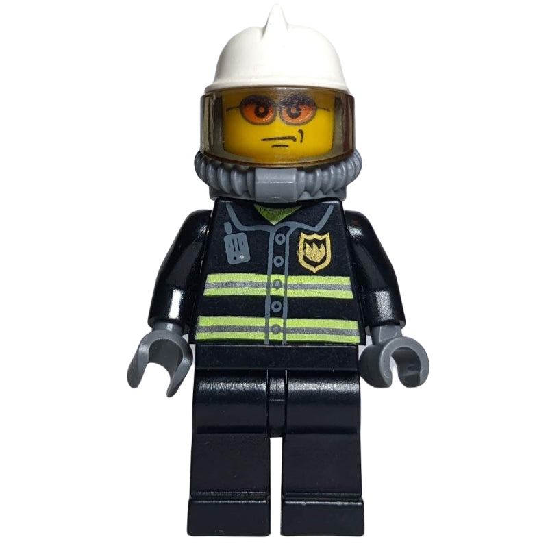 fig-000780 – Fireman, Black Fire Jacket with Reflective Stripes, Radio, and Badge, White Helmet, Breathing Apparatus, Airtanks, Orange Sunglasses