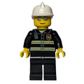 fig-000786 – Fireman, Black Fire Jacket, White Helmet, Silver Sunglasses