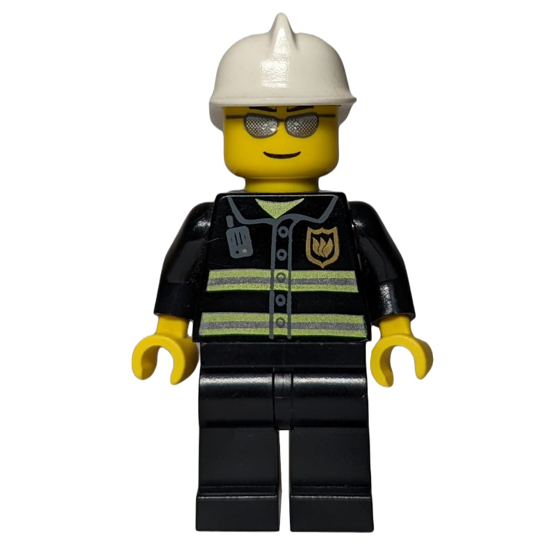 fig-000786 – Fireman, Black Fire Jacket, White Helmet, Silver Sunglasses
