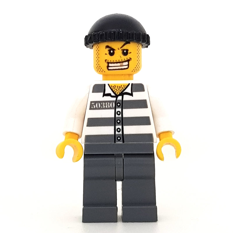 fig-000787 – Criminal, Prison Shirt with #50380, Dark Bluish Gray Legs, Black Hat, Gold Tooth