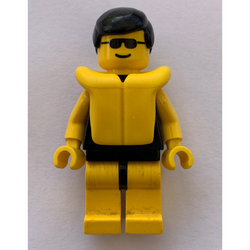 fig-000794 – Man, Plain Black Swimsuit, Black Hair, Yellow Life Vest, Sunglasses