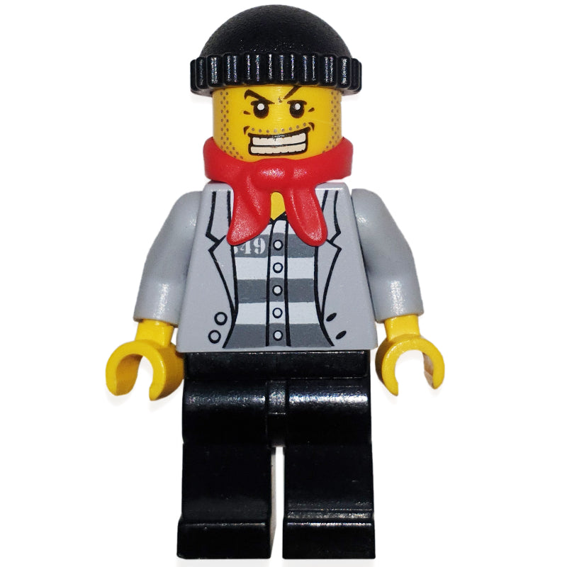fig-000798 – Criminal, Open Light Bluish Gray Jacket over Prison Shirt, Black Hat, Red Scarf, Gold Tooth