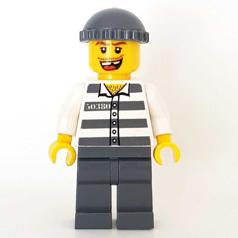 fig-000800 – Criminal, Prison Shirt with #50380, Dark Bluish Gray Legs, Dark Bluish Gray Hat, Missing Tooth