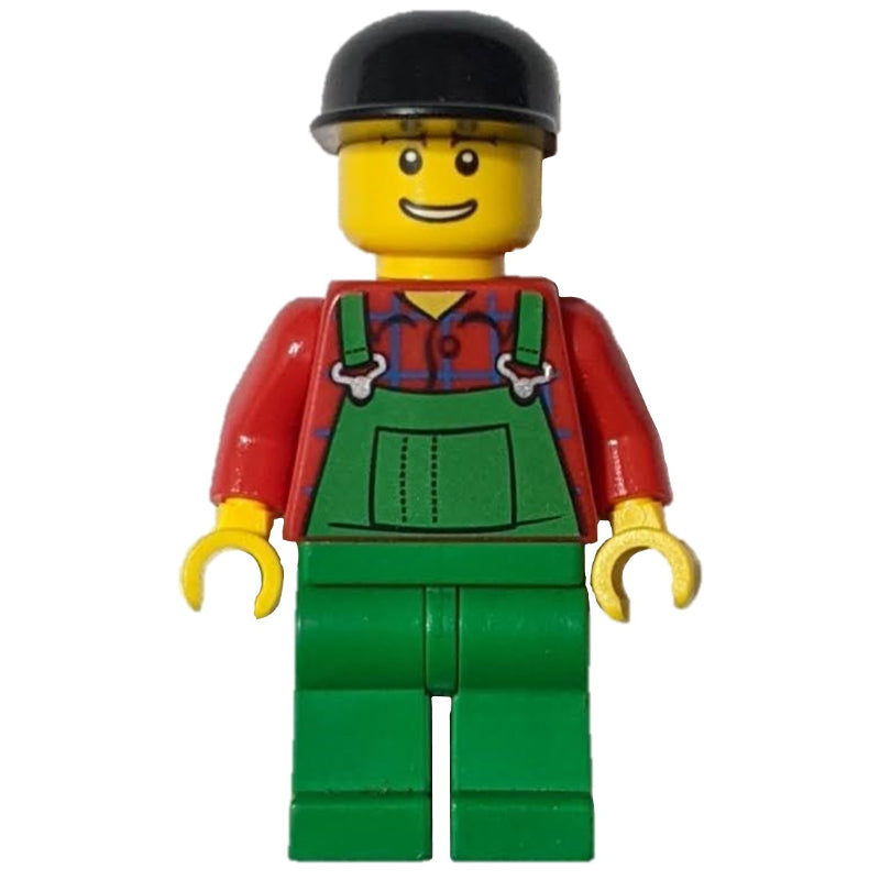 fig-000801 – Man, Green Overalls over Red Shirt, Black Cap
