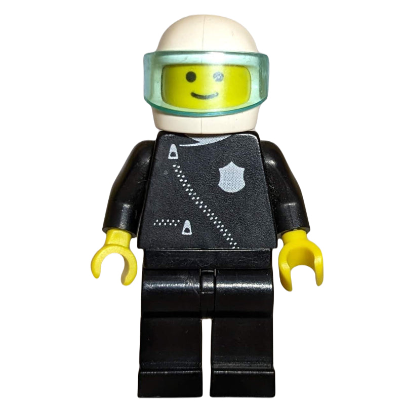 fig-000803 – Policeman, Black Jacket with Zipper and Badge, White Helmet with Visor (3626a Head)