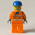 fig-000807 – Construction Worker in Orange Jacket with Zipper and Reflective Stripes, Blue Cap, Gray Beard