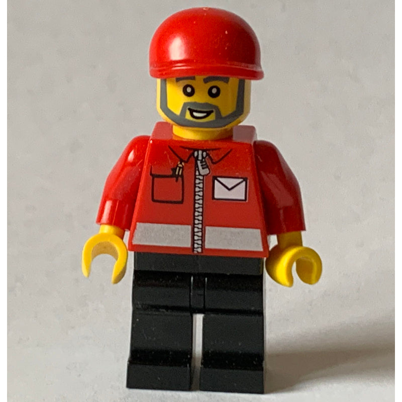 fig-000808 – Postal Worker, Red Jacket with Zipper and Letter Logo, Black Legs, Red Cap, Beard