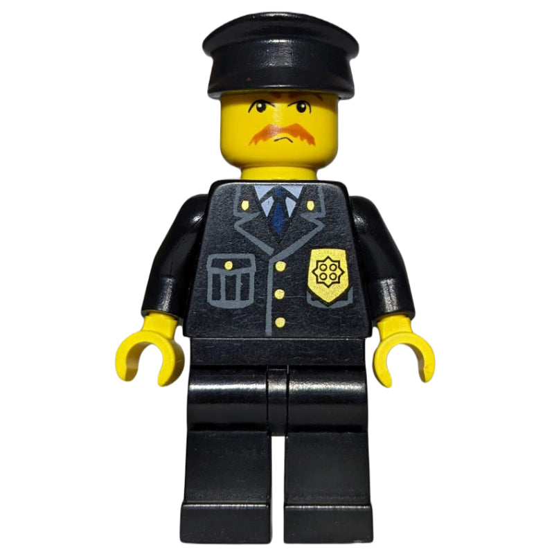 fig-000812 – Policeman, Black Jacket with Pocket and Badge, Black Cap, Moustache