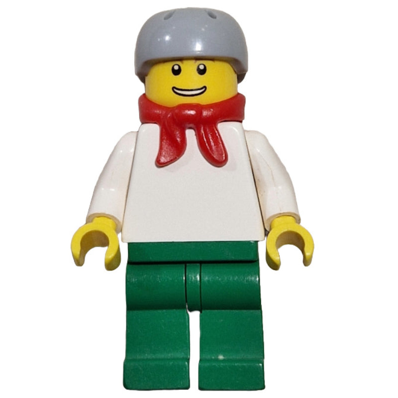 fig-000813 – Man, Plain White Torso, Green Legs, Light Bluish Gray Helmet, Red Scarf