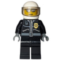 fig-000817 – Policeman, Black Jacket with Radio and Badge, White Helmet with Visor, Sunglasses
