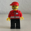 fig-000818 – Postal Worker, Red Jacket with Zipper and Letter Logo, Black Legs, Red Cap, Beard and Glasses