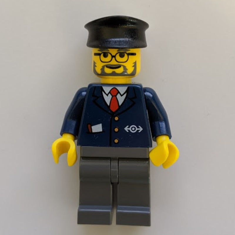 fig-000827 – Train Worker, Blue Jacket with Train Logo, Black Hat, Beard and Glasses