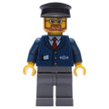 fig-000830 – Train Worker, Dark Blue Jacket with Train Logo, Black Hat, Beard and Glasses