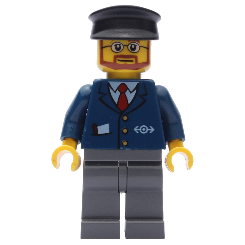 fig-000830 – Train Worker, Dark Blue Jacket with Train Logo, Black Hat, Beard and Glasses