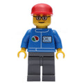 fig-000832 – Mechanic, Blue Jumpsuit with Octan Logo, Dark Bluish Gray Legs, Red Cap, Glasses