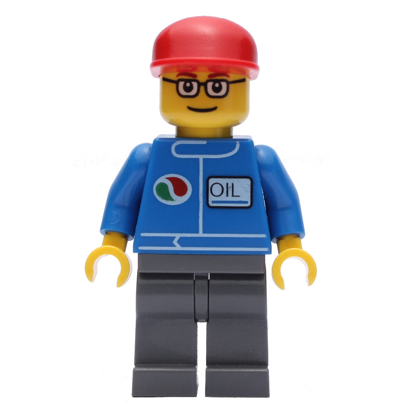 fig-000832 – Mechanic, Blue Jumpsuit with Octan Logo, Dark Bluish Gray Legs, Red Cap, Glasses