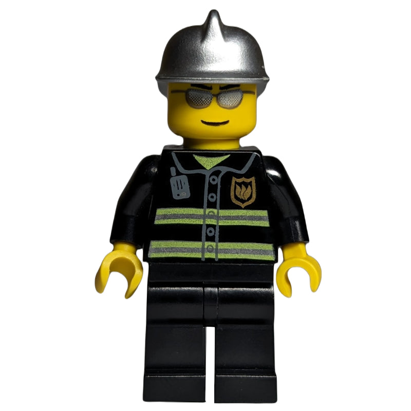 fig-000845 – Fireman, Black Fire Jacket with Reflective Stripes, Radio, and Badge, Silver Helmet, Silver Sunglasses