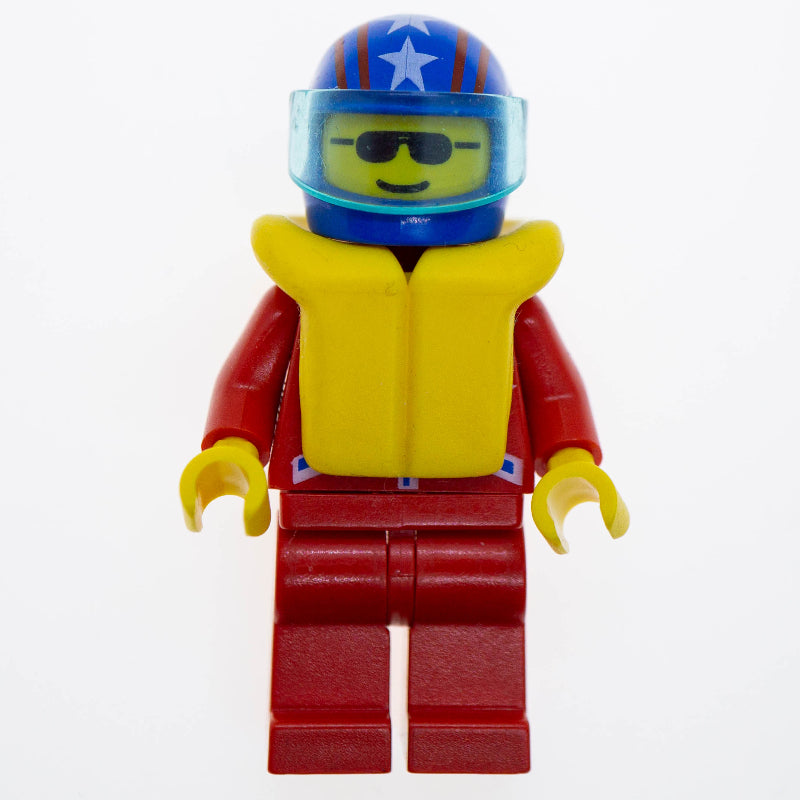 fig-000847 – Racer, Red Jacket with 2 Stars, Blue Helmet with Stars and Visor, Yellow Life Vest, Sunglasses