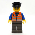 fig-000853 – Train Worker, Orange Safety Vest with Train Logo, Dark Bluish Gray Legs, Black Hat, Glasses