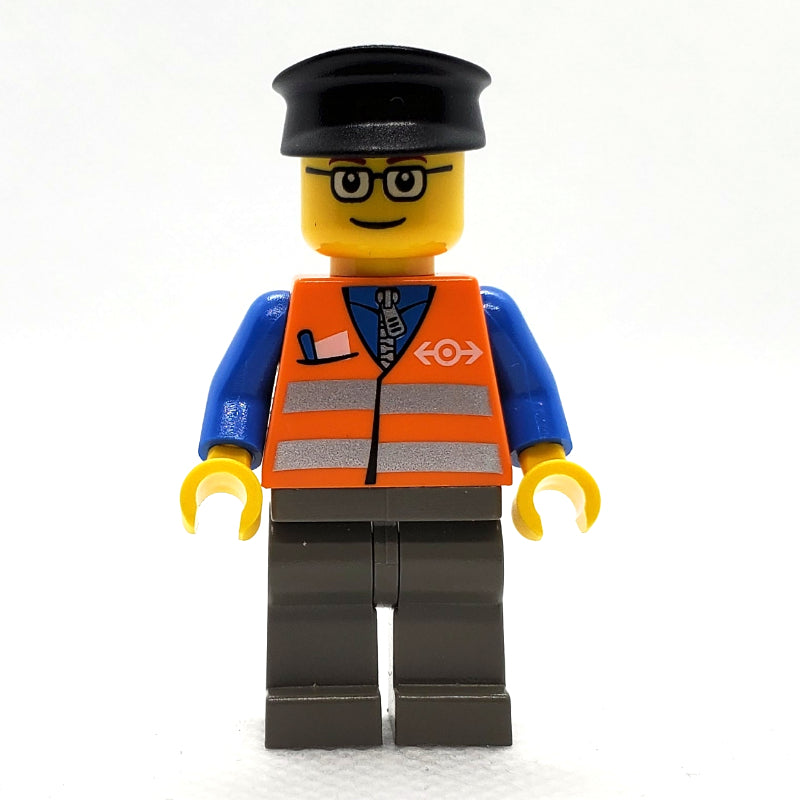 fig-000853 – Train Worker, Orange Safety Vest with Train Logo, Dark Bluish Gray Legs, Black Hat, Glasses