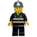 fig-000854 – Fireman, Black Fire Jacket with Reflective Stripes, Radio, and Badge, Silver Helmet, Cheek Lines