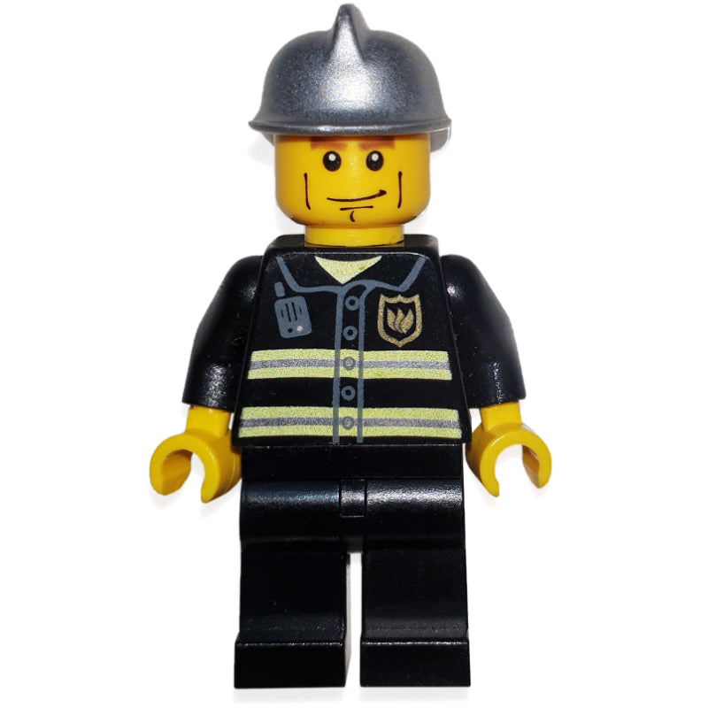 fig-000854 – Fireman, Black Fire Jacket with Reflective Stripes, Radio, and Badge, Silver Helmet, Cheek Lines