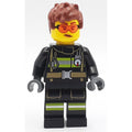 fig-000884 – Firefighter, Black Fire Suit, Reddish Brown Hair, Orange Safety Glasses