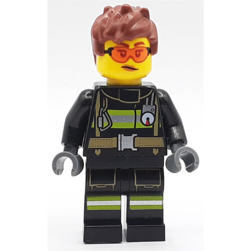 fig-000884 – Firefighter, Black Fire Suit, Reddish Brown Hair, Orange Safety Glasses