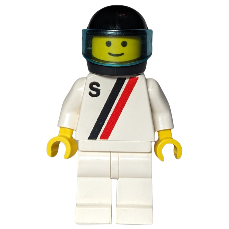fig-000977 – Racer, White Shirt with Two Stripes and 'S', White Legs, Black Helmet with Visor (3626b Head)