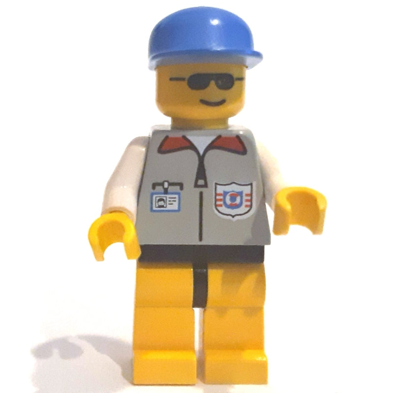 fig-000983 – Lifeguard, Light Gray Jacket with Zipper and Badge, Blue Cap, Sunglasses