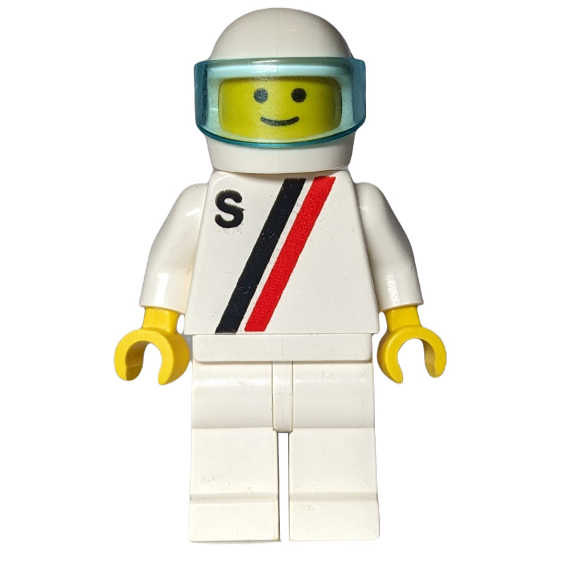 fig-000988 – Racer, White Shirt with Two Stripes and 'S', White Legs, White Helmet with Visor