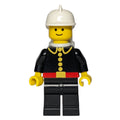 fig-000990 – Fireman, Classic, Black Fire Jacket with Red Belt and Buttons, White Helmet, White Airtanks