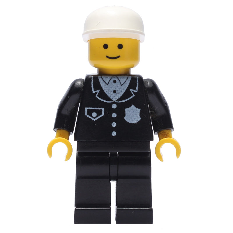 fig-000991 – Policeman, Black Suit with Pocket and Badge, White Cap