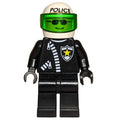 fig-000999 – Policeman, Black Jacket with Zipper and Badge, White Helmet with 'POLICE' and Trans-Green Visor, Sunglasses