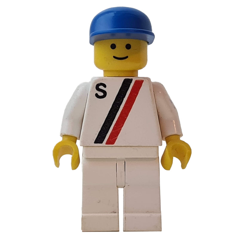 fig-001009 – Racer, White Shirt with Two Stripes and 'S', White Legs, Blue Cap