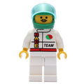 fig-001040 – Racer, White Jacket with Octan Logo and 'RACE' and 'TEAM', Green Helmet with Visor, Moustache