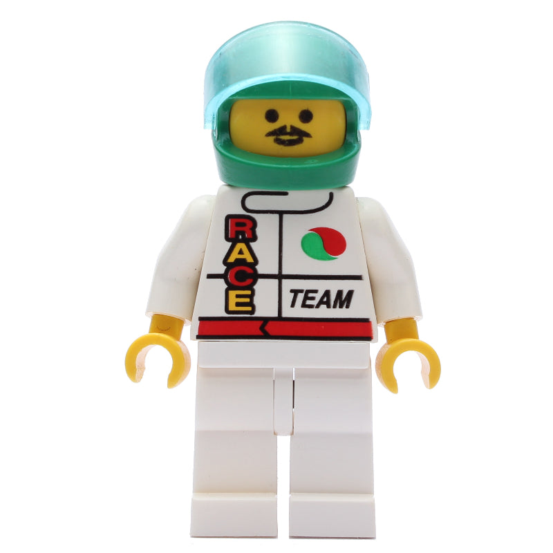 fig-001040 – Racer, White Jacket with Octan Logo and 'RACE' and 'TEAM', Green Helmet with Visor, Moustache