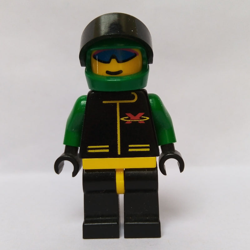 fig-001043 – Racer, Extreme Team, Black Jacket, Black Legs, Green Helmet with Visor, Blue Sunglasses
