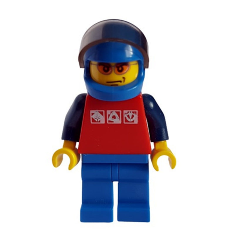 fig-001045 – Man, Red Top with Dark Blue Arms, Blue Legs, Blue Helmet with Visor, Orange Sunglasses