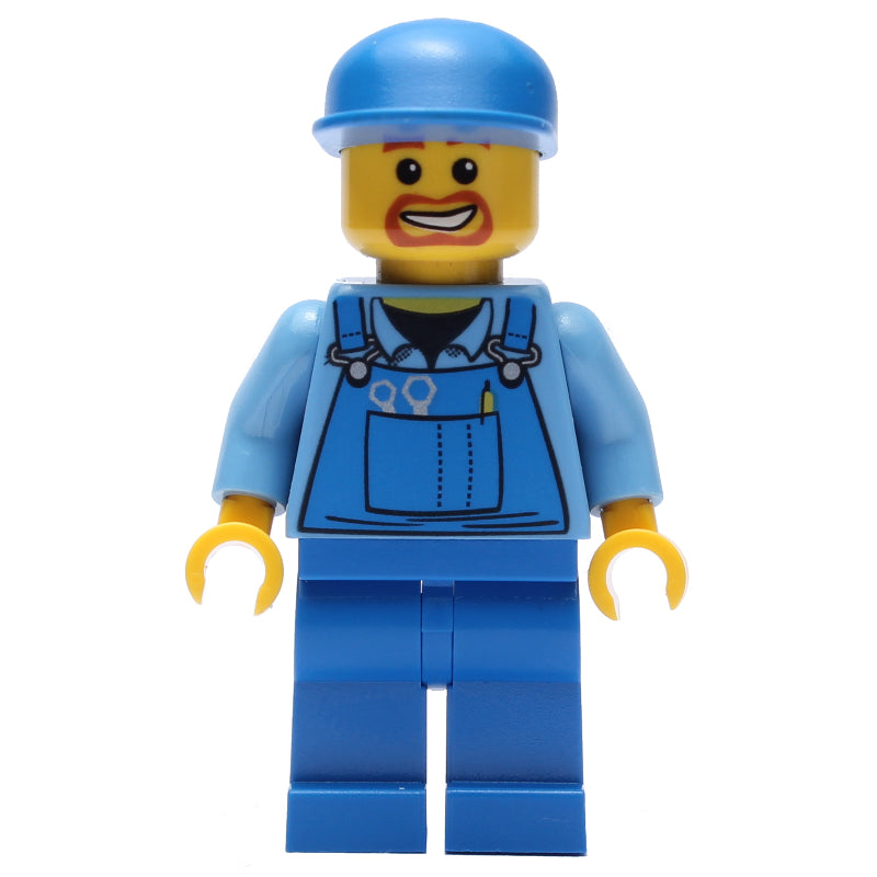fig-001067 – Construction Worker, Blue Overalls over Medium Blue Shirt, Blue Cap, Goatee Beard