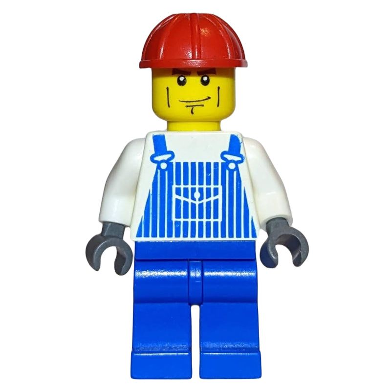 fig-001068 – Construction Worker, White and Blue Overalls, Red Hard Hat, Cheek Lines