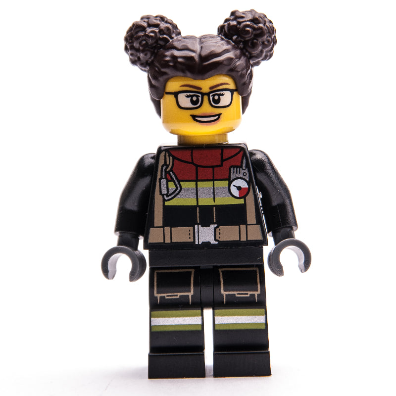 fig-001075 – Firefighter, Black Fire Suit, Dark Brown Hair with Two Buns, Glasses