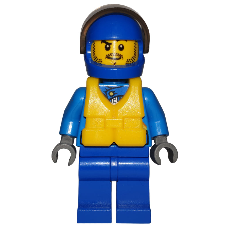 fig-001078 – Racer, Dark Azure and Blue Jumpsuit, Blue Helmet with Visor, Yellow Life Vest