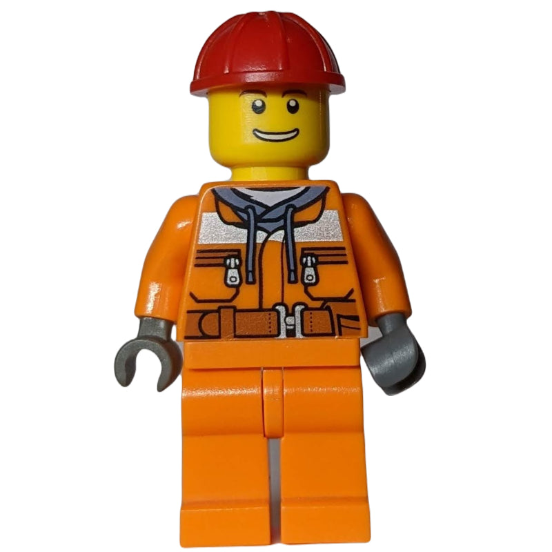 fig-001082 – Construction Worker, Safety Jacket over Hoodie with Belt, Orange Legs, Red Hard Hat